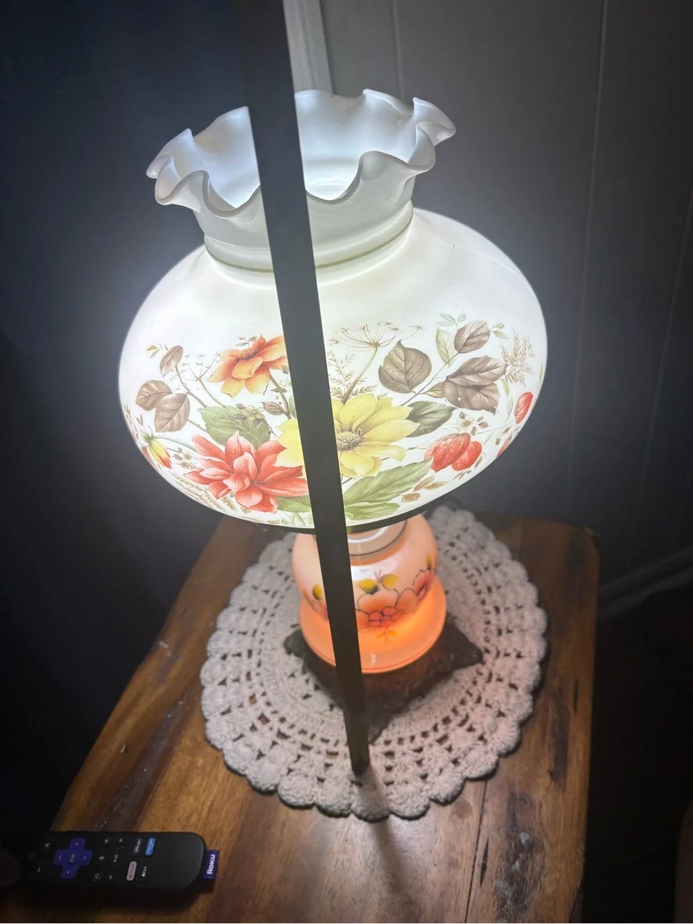 Floral Glass Hurricane Table Lamp - White with Multicolor Flowers